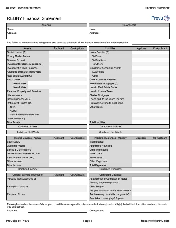 REBNY Financial Statement Template